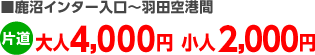 鹿沼インター入口～羽田空港間片道大人4,000円小人2,000円