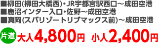 ■柳田(柳田大橋西)･JR宇都宮駅西口～成田空港 鹿沼インター入口 真岡(スパリゾートリブマックス前)～成田空港　大人4,800円小人2,400円