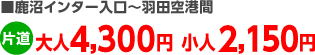 鹿沼インター入口～羽田空港間片道大人3,700円小人1,850円