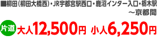 柳田(柳田大橋西)･JR宇都宮駅西口・鹿沼インター入口・栃木駅～京都所間、片道大人12,500円小人6,250円