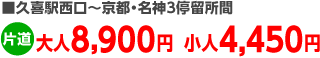 久喜駅西口～京都･名神3停留所間、片道大人8,900円小人4,450円